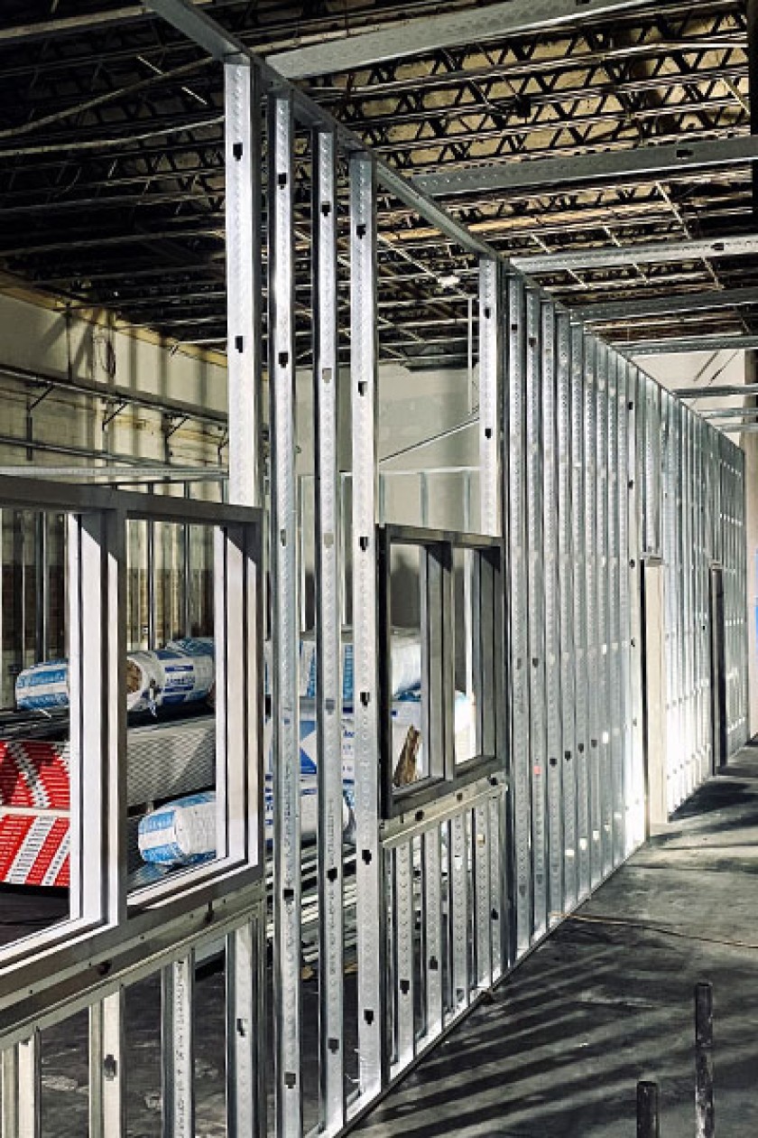 Industrial facility interior with steel framing.